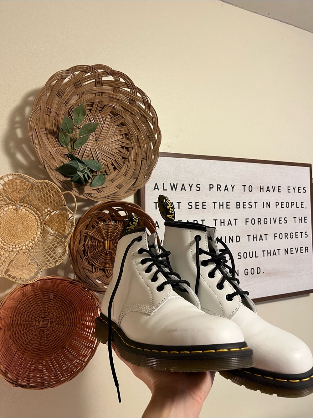 Dr. Marten’s Short White Leather Lace-Up Boots with Black Trim
